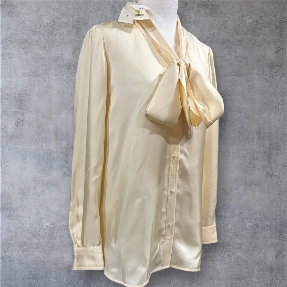 Tory Burch Silk Bow Blouse French Cream Sz 6 Removable Collar NWT‎